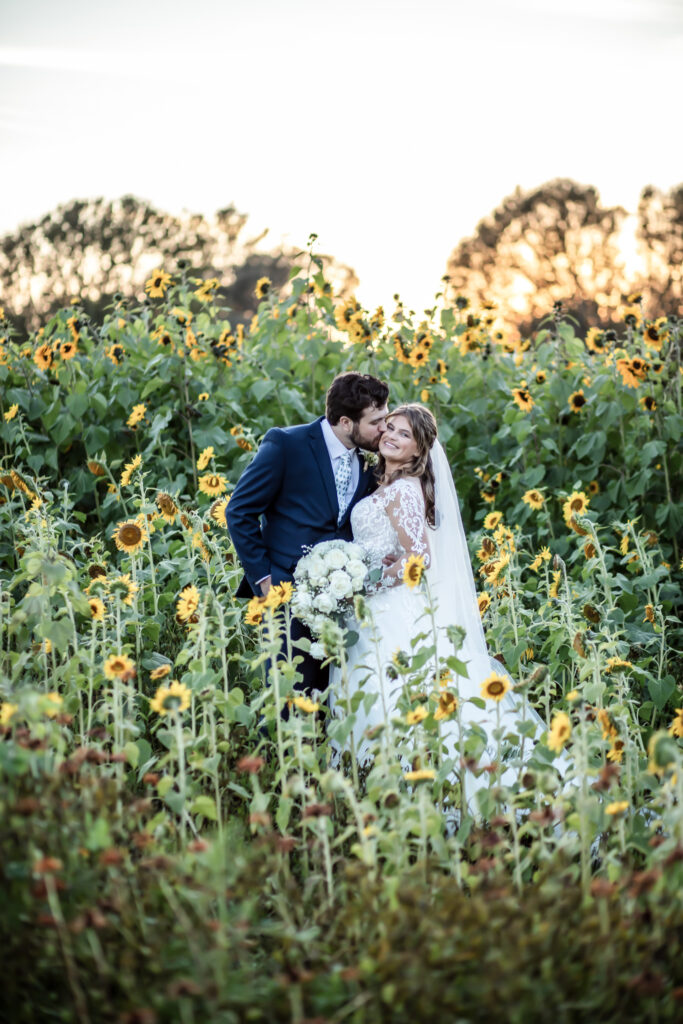 groom kissing bride on the cheek in the middle of a sunflower field