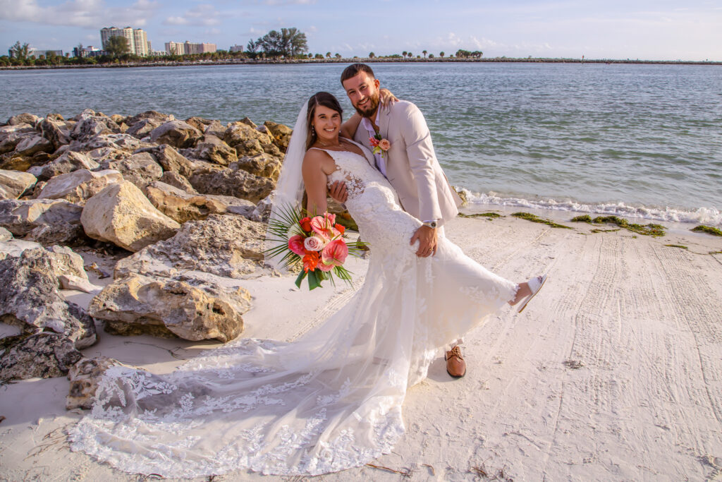 bride and groom on the beach
